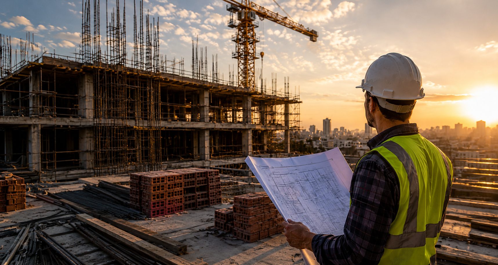 Engenheiro analisando a planta em um canteiro de obras ao entardecer